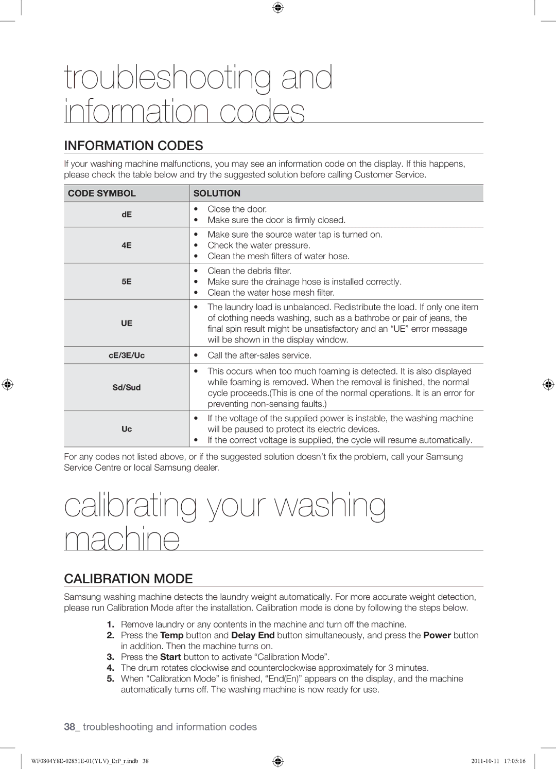 Samsung WF0804Y8E2/YLV manual Calibrating your washing machine, Information Codes, Calibration Mode, Code Symbol Solution 