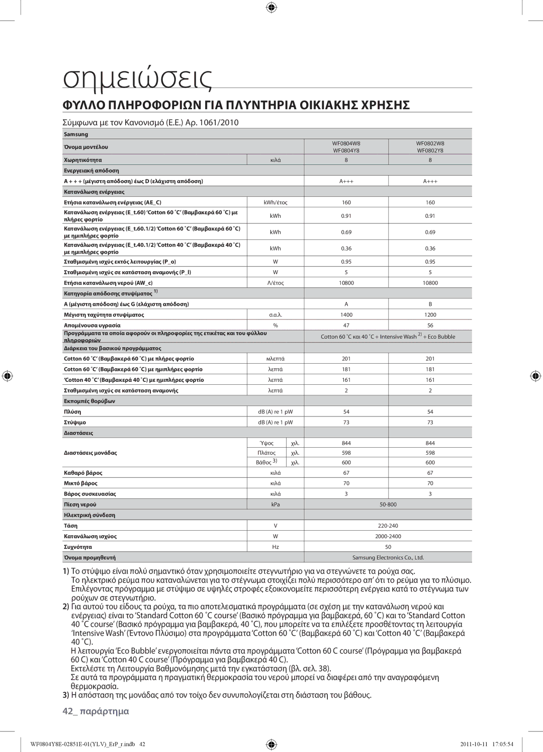 Samsung WF0804Y8E2/YLV Σημειώσεις, Φύλλο Πληροφοριών ΓΙΑ Πλυντήρια Οικιακήσ Χρήσησ, Σύμφωνα με τον Κανονισμό Ε.Ε. Αρ /2010 