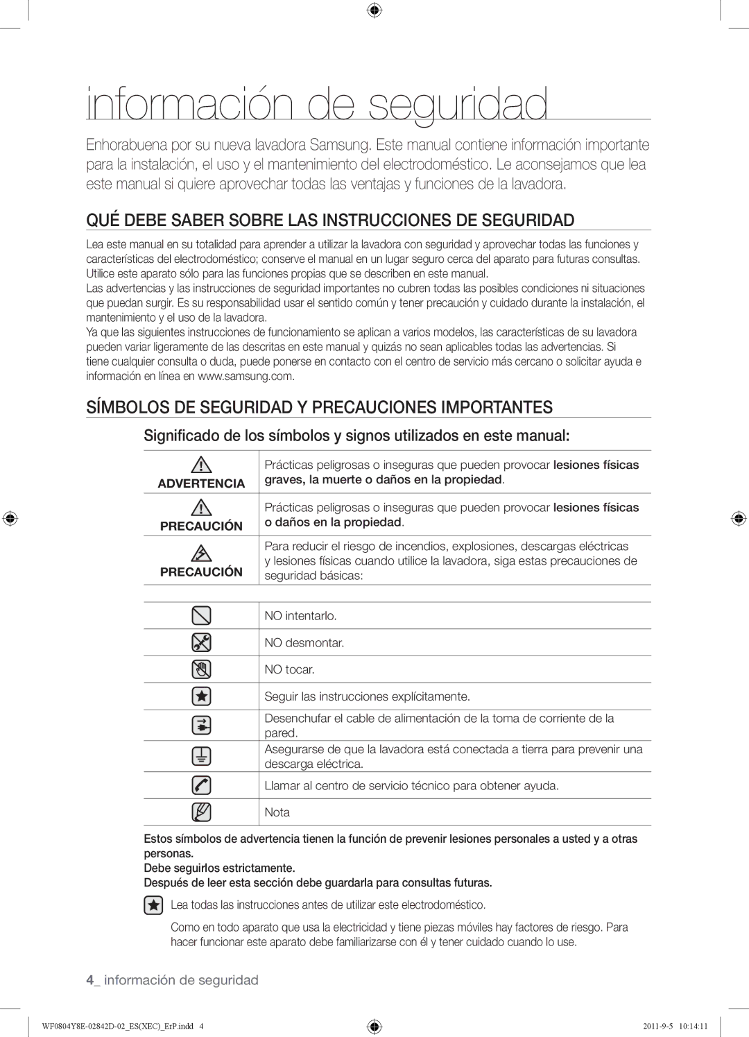 Samsung WF0804Y8E/XEC manual Información de seguridad, QUÉ Debe Saber Sobre LAS Instrucciones DE Seguridad, Advertencia 