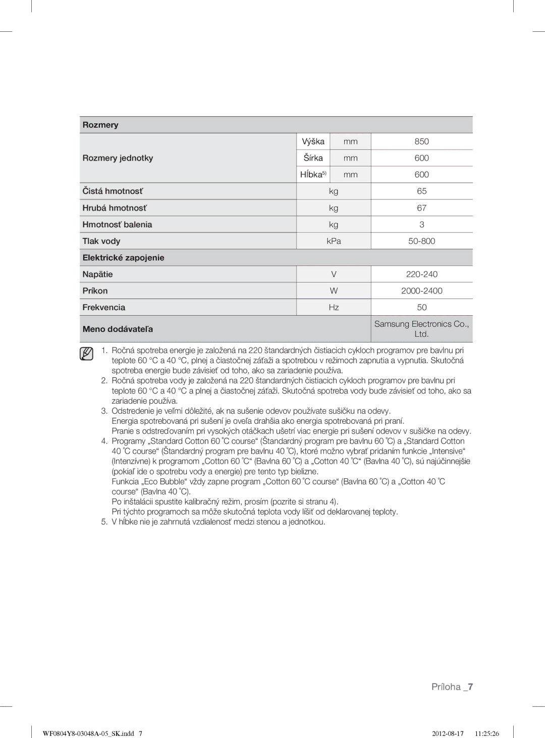 Samsung WF0804Y8E1/YLE, WF0804Y8E/YLE manual Rozmery, Elektrické zapojenie, Meno dodávateľa 