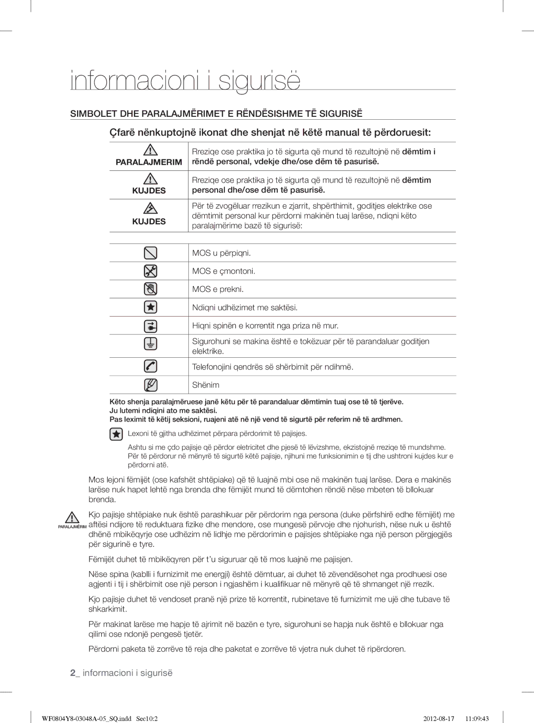 Samsung WF0804Y8E/YLE, WF0804Y8E1/YLE manual Informacioni i sigurisë, Simbolet DHE Paralajmërimet E Rëndësishme TË Sigurisë 