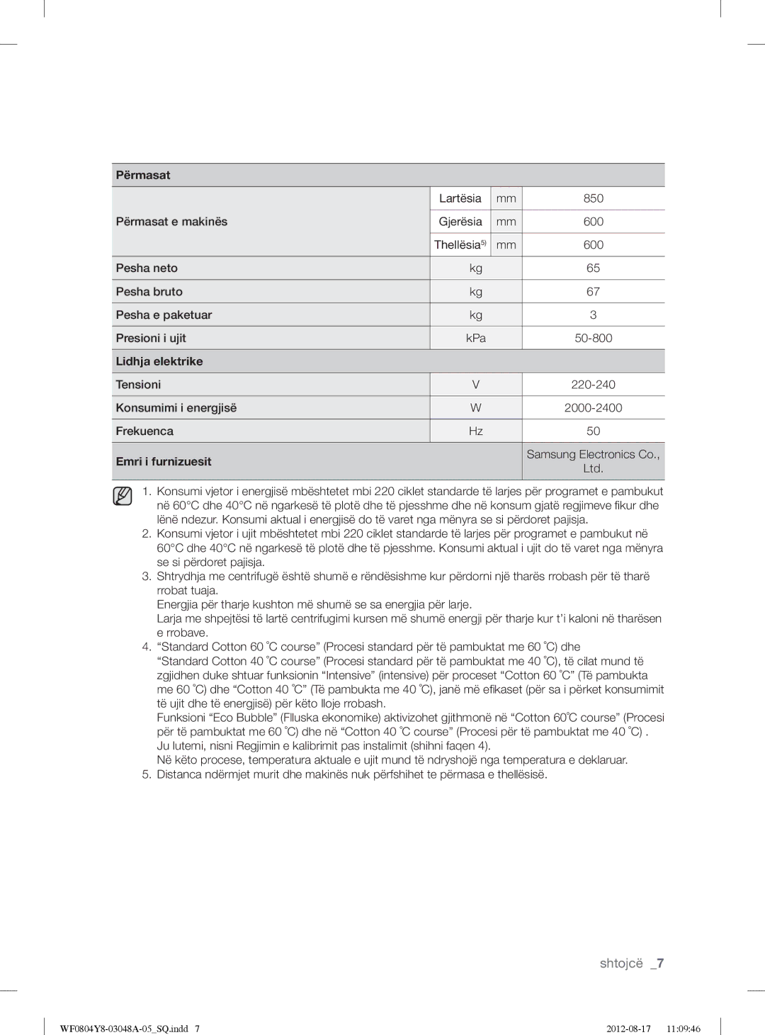 Samsung WF0804Y8E1/YLE, WF0804Y8E/YLE manual Përmasat, Lidhja elektrike, Emri i furnizuesit 