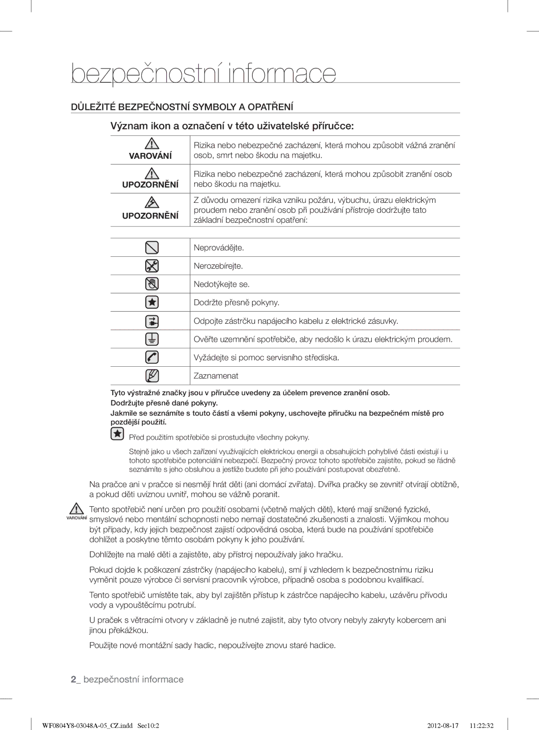 Samsung WF0804Y8E/YLE, WF0804Y8E1/YLE manual Bezpečnostní informace, Význam ikon a označení v této uživatelské příručce 