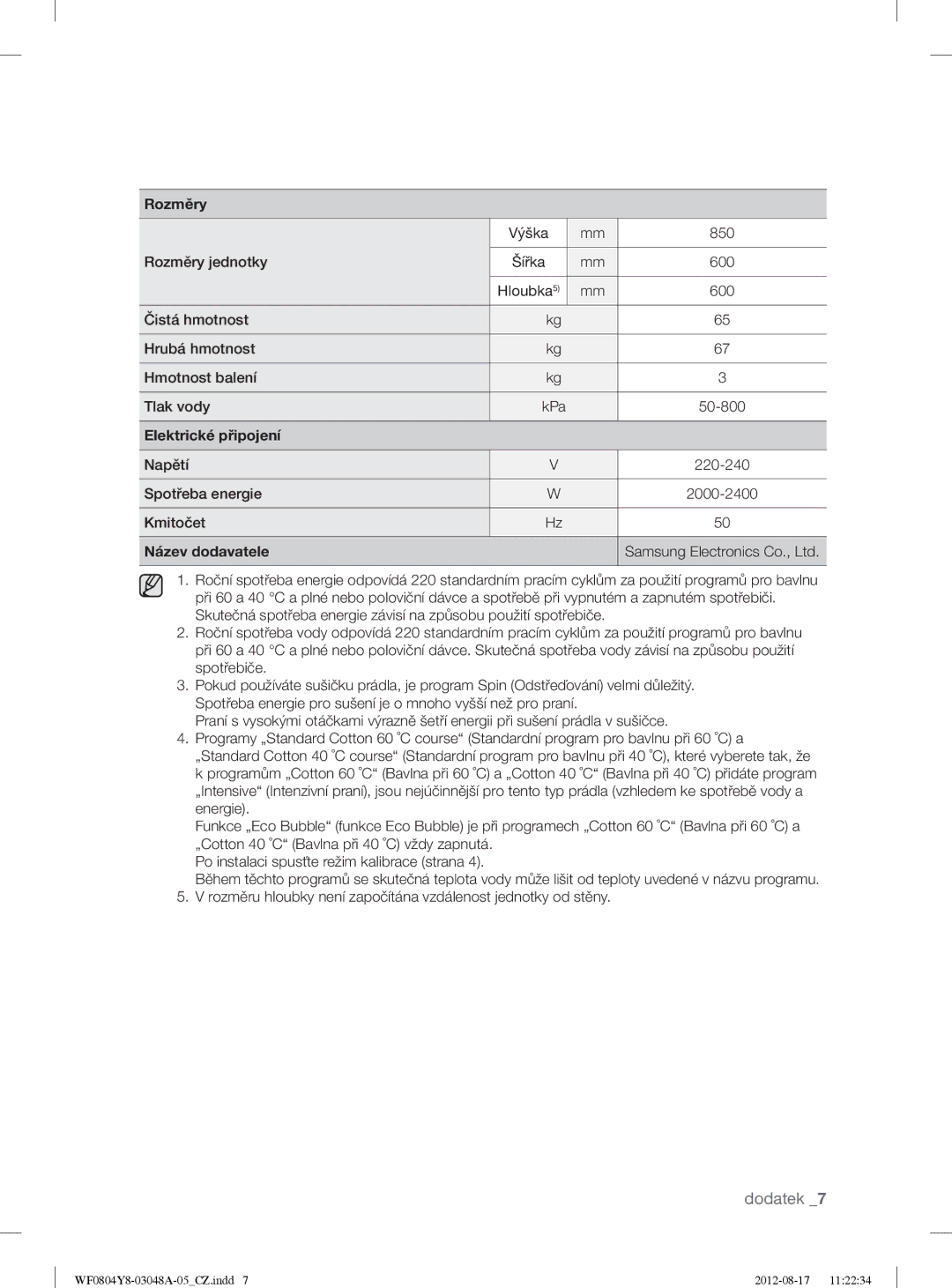 Samsung WF0804Y8E1/YLE, WF0804Y8E/YLE manual Rozměry, Elektrické připojení, Název dodavatele 