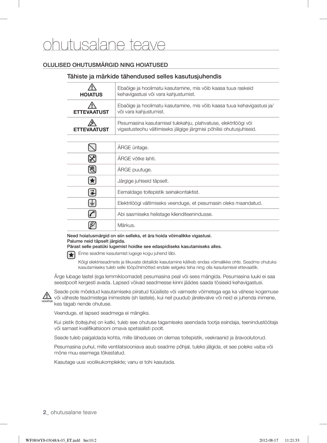 Samsung WF0804Y8E/YLE, WF0804Y8E1/YLE manual Ohutusalane teave, Tähiste ja märkide tähendused selles kasutusjuhendis 