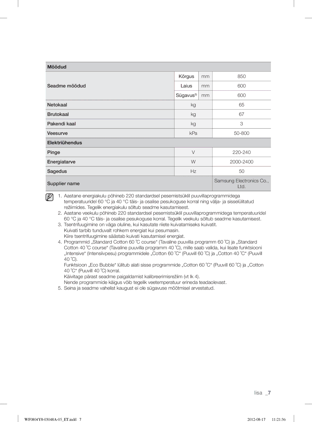 Samsung WF0804Y8E1/YLE, WF0804Y8E/YLE manual Mõõdud, Elektriühendus 