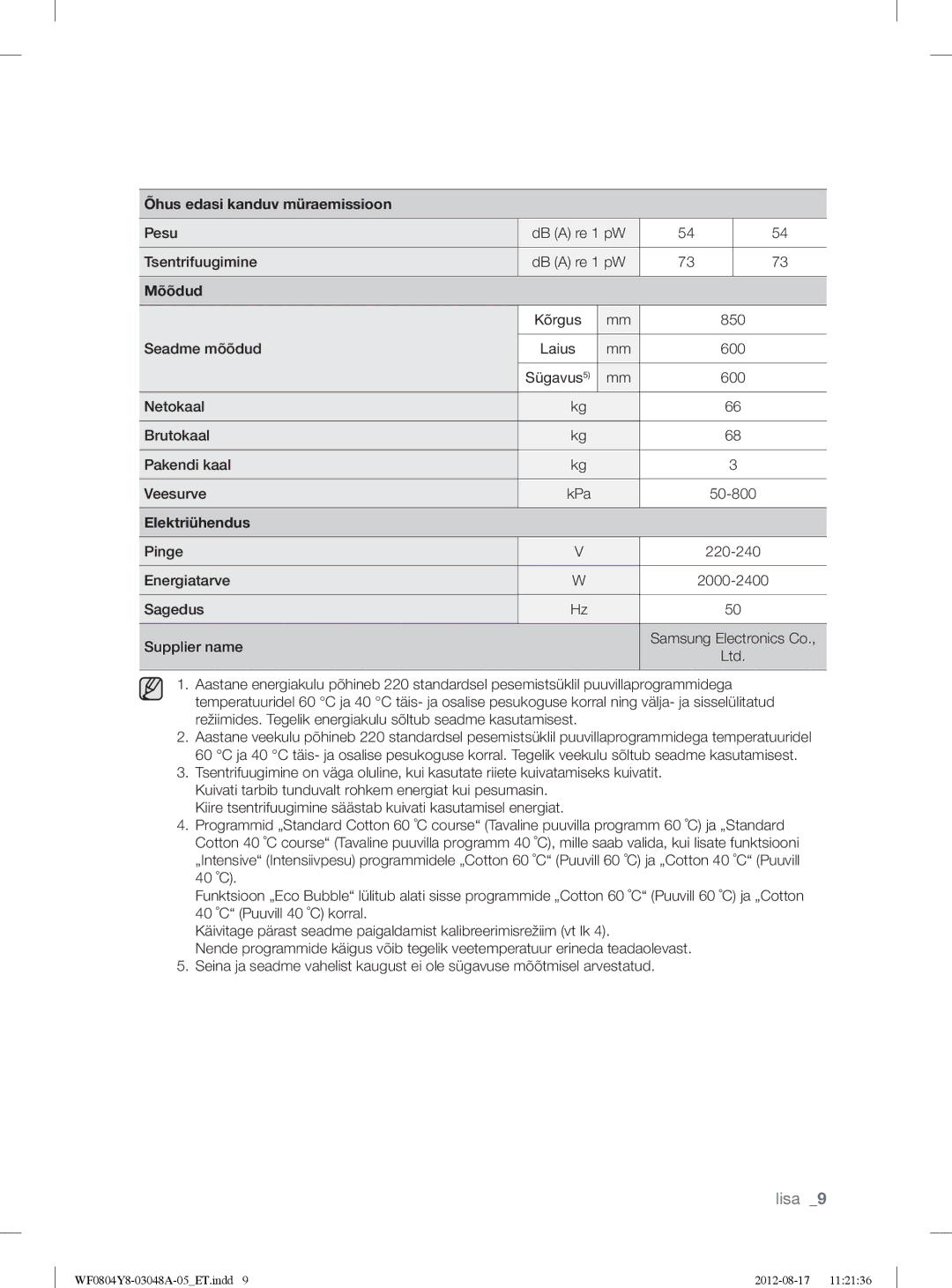 Samsung WF0804Y8E1/YLE, WF0804Y8E/YLE manual Õhus edasi kanduv müraemissioon 