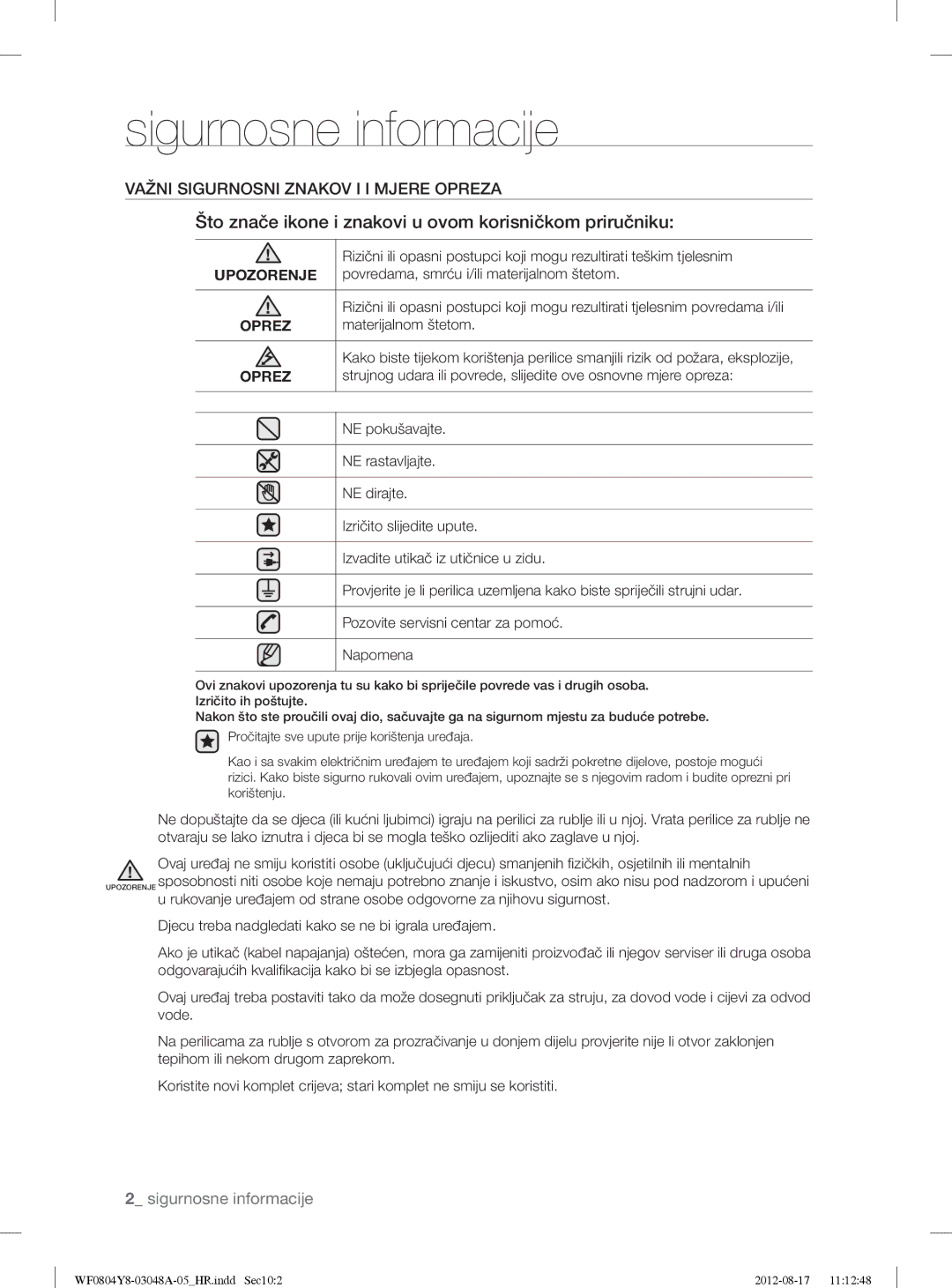 Samsung WF0804Y8E/YLE, WF0804Y8E1/YLE manual Sigurnosne informacije, Što znače ikone i znakovi u ovom korisničkom priručniku 