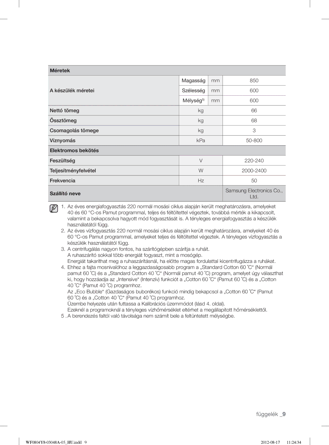 Samsung WF0804Y8E1/YLE, WF0804Y8E/YLE manual Méretek 