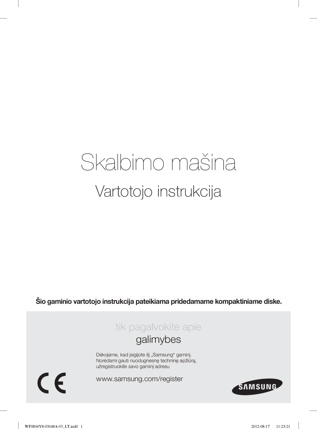 Samsung WF0804Y8E1/YLE, WF0804Y8E/YLE manual Skalbimo mašina, Vartotojo instrukcija 