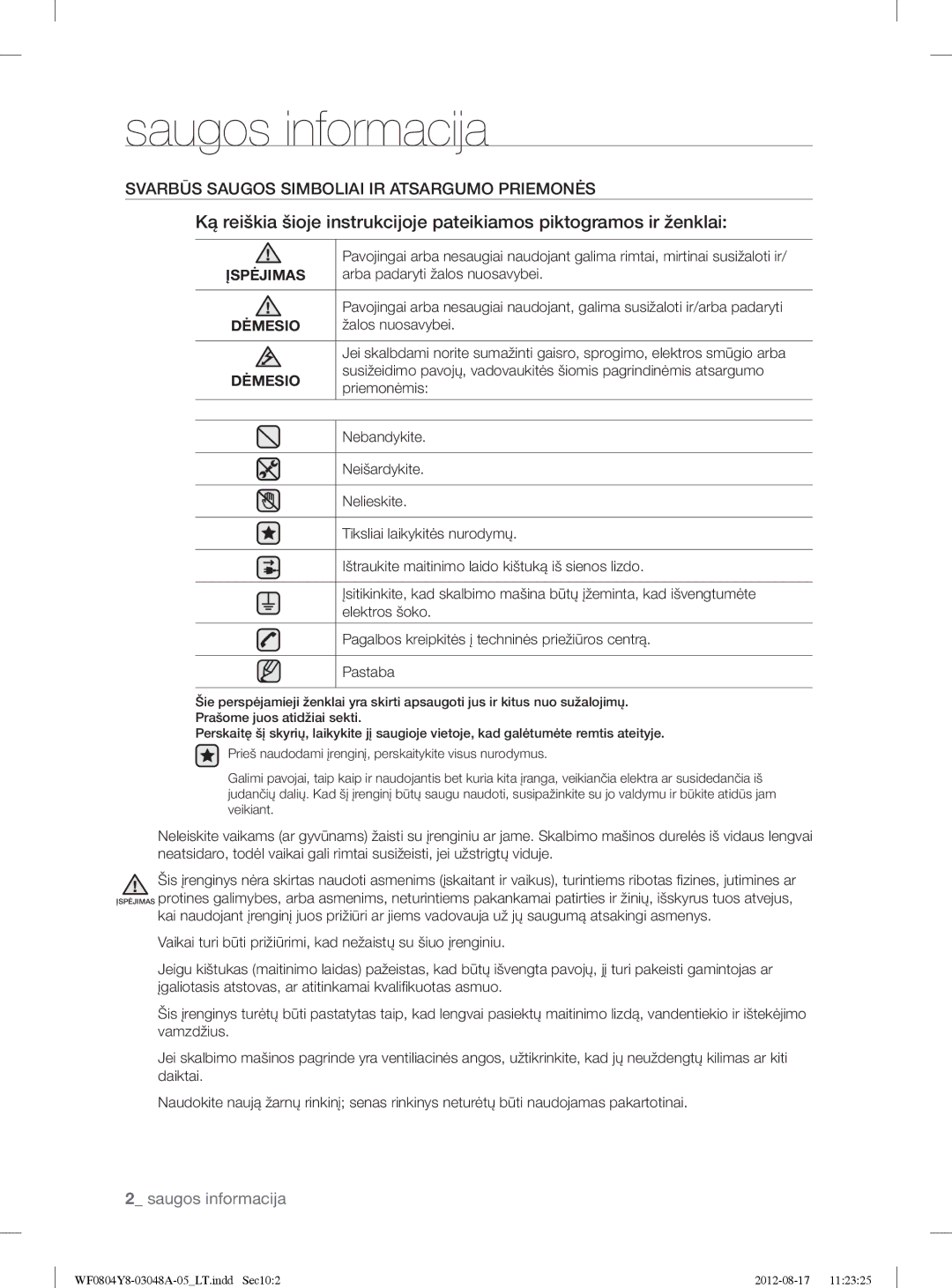 Samsung WF0804Y8E/YLE, WF0804Y8E1/YLE manual Saugos informacija, Svarbūs Saugos Simboliai IR Atsargumo Priemonės 