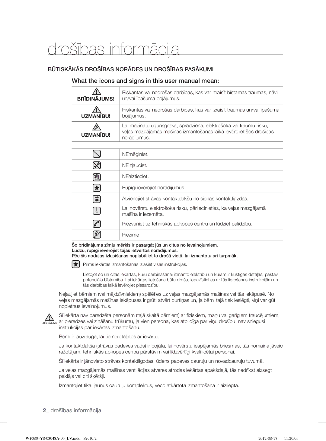 Samsung WF0804Y8E/YLE, WF0804Y8E1/YLE manual Drošības informācija, Būtiskākās Drošības Norādes UN Drošības Pasākumi 