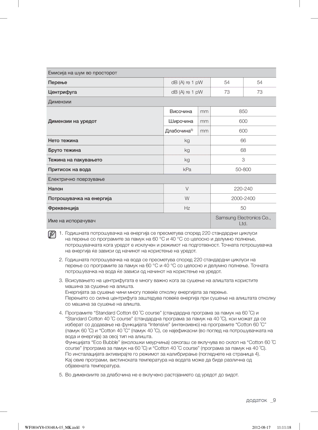 Samsung WF0804Y8E1/YLE, WF0804Y8E/YLE manual Емисија на шум во просторот Перење DB a re 1 pW Центрифуга 