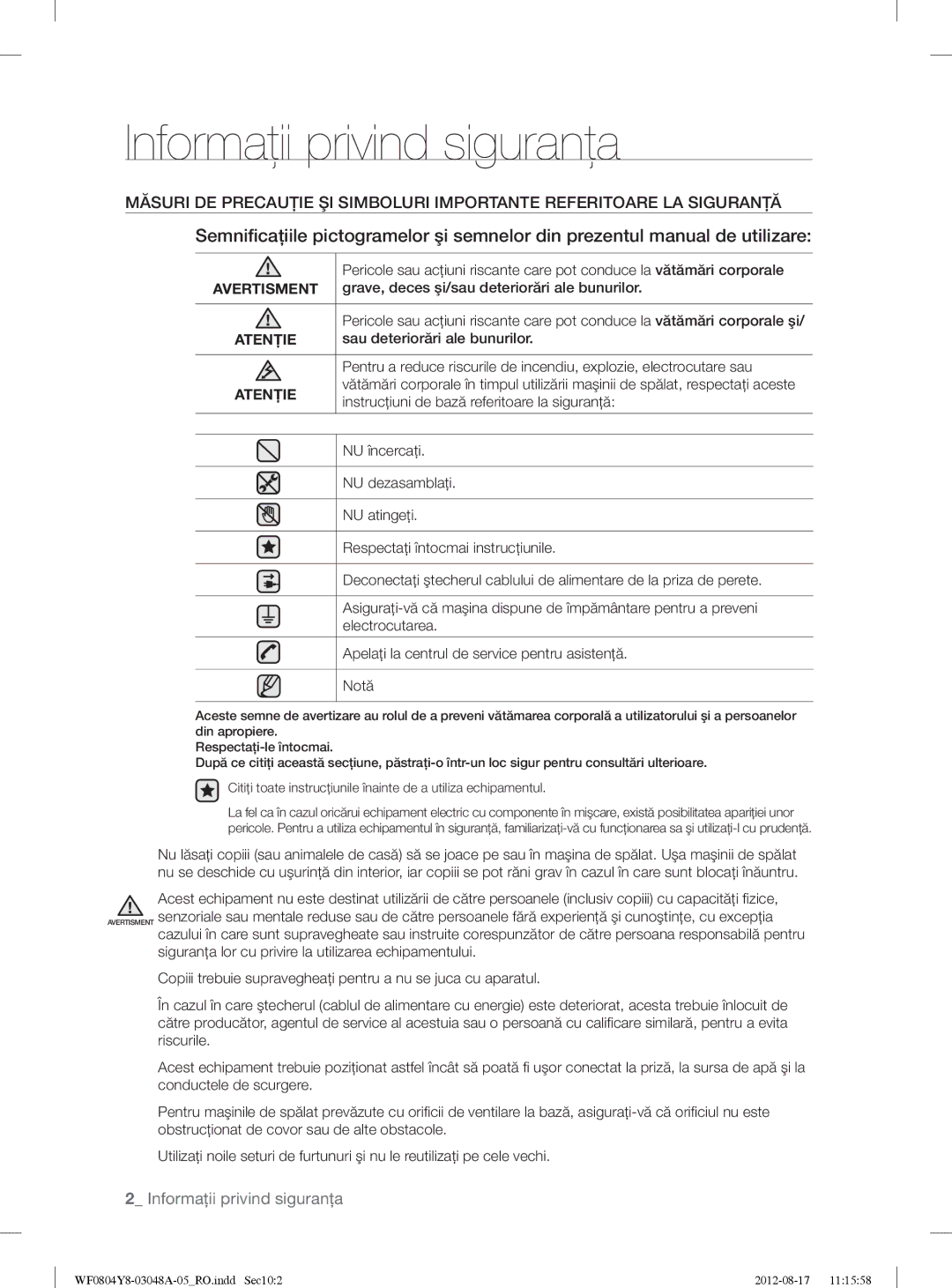 Samsung WF0804Y8E/YLE, WF0804Y8E1/YLE manual Informaţii privind siguranţa 