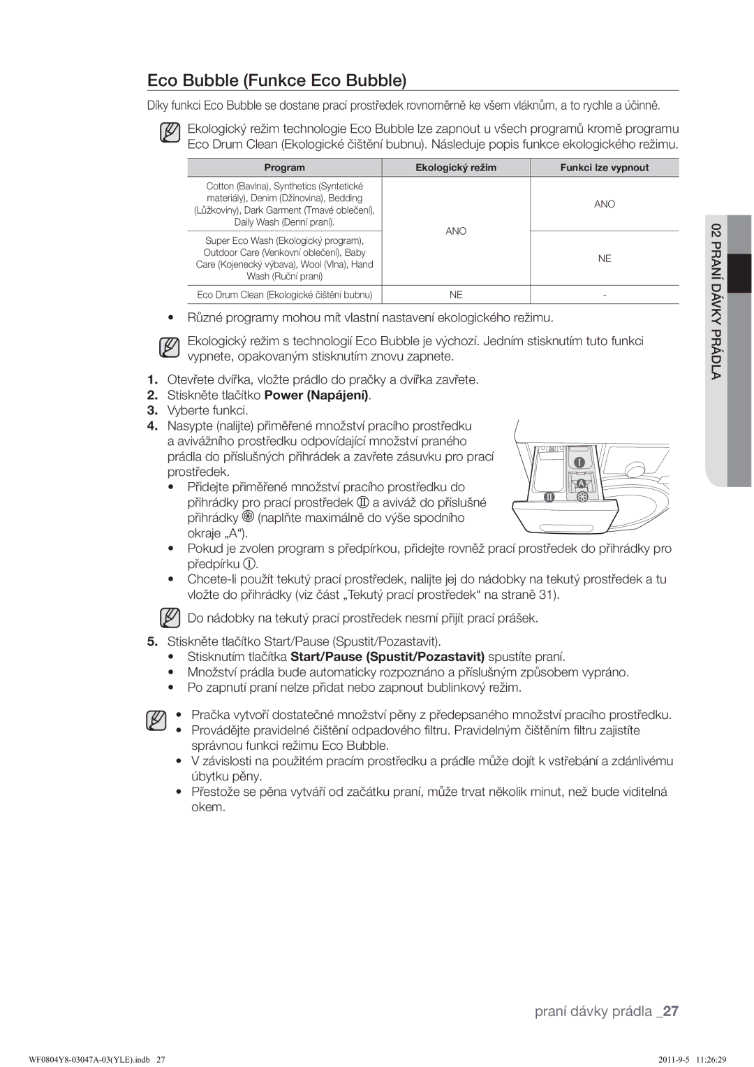 Samsung WF0804Y8E1/YLE, WF0804Y8E/YLE manual Fr%XeeohXqnfhFr%Xeeoh, Správnou funkci režimu Eco Bubble 