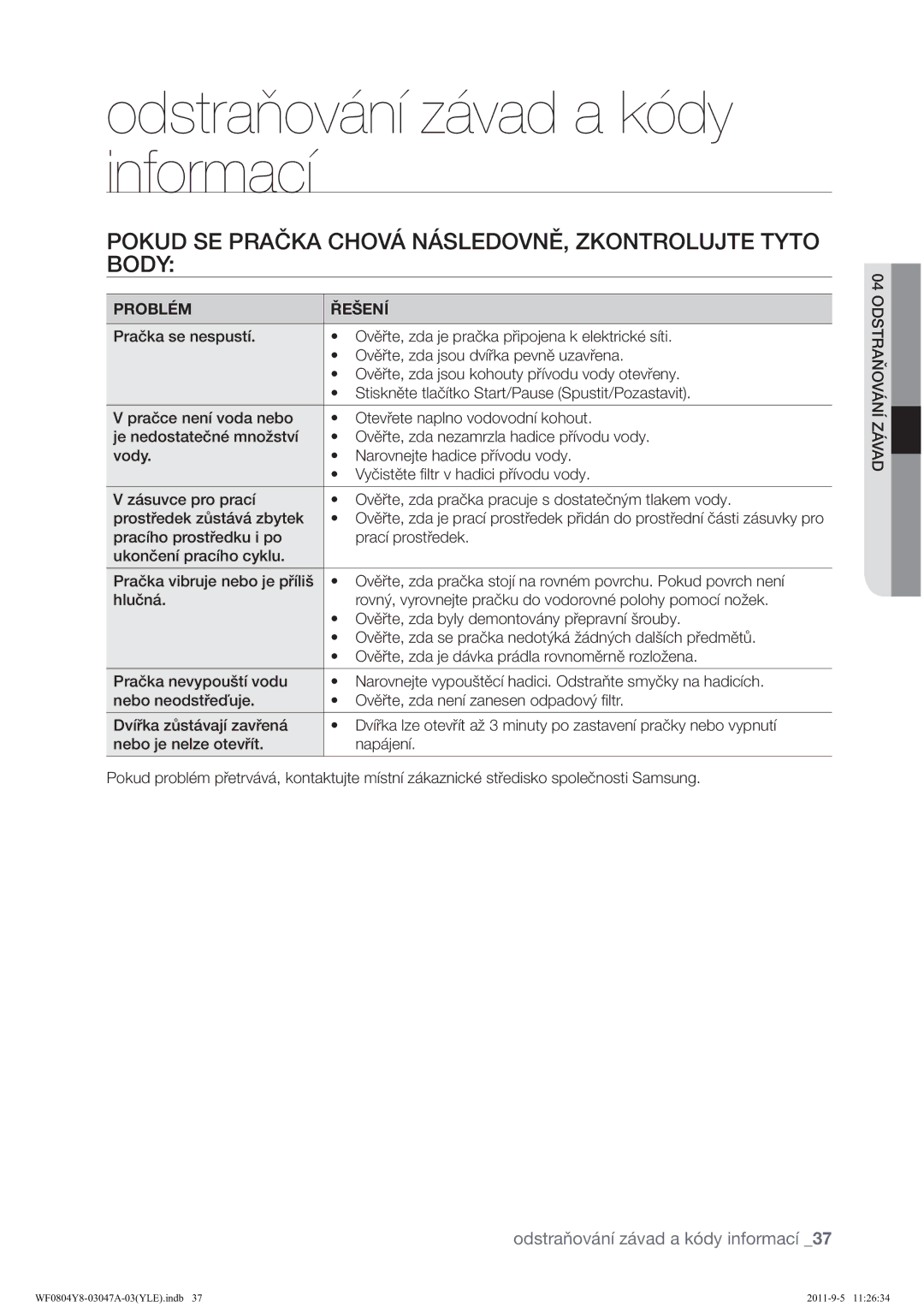 Samsung WF0804Y8E1/YLE manual Odstraňování závad a kódy informací, 32.8635$Î.$&+29ƒ1ƒ6/291Ü=.21752/8-7772 %2 