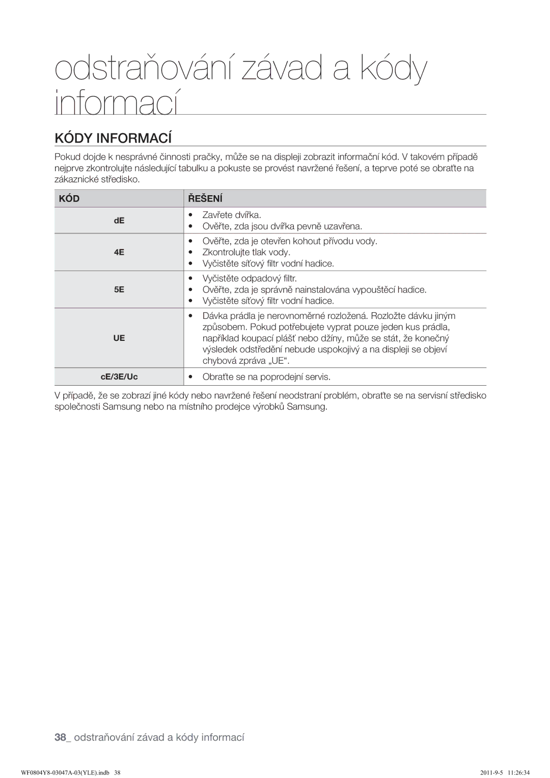 Samsung WF0804Y8E/YLE, WF0804Y8E1/YLE manual •,1250$&, KÓD Řešení 