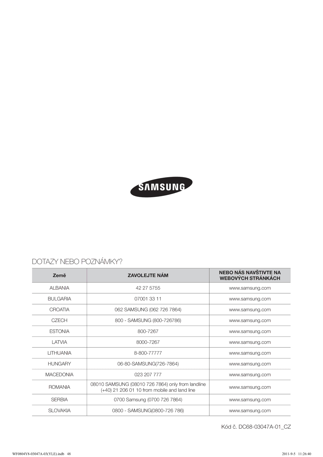 Samsung WF0804Y8E/YLE, WF0804Y8E1/YLE manual Dotazy Nebo POZNÁMKY?, Kód č. DC68-03047A-01CZ 