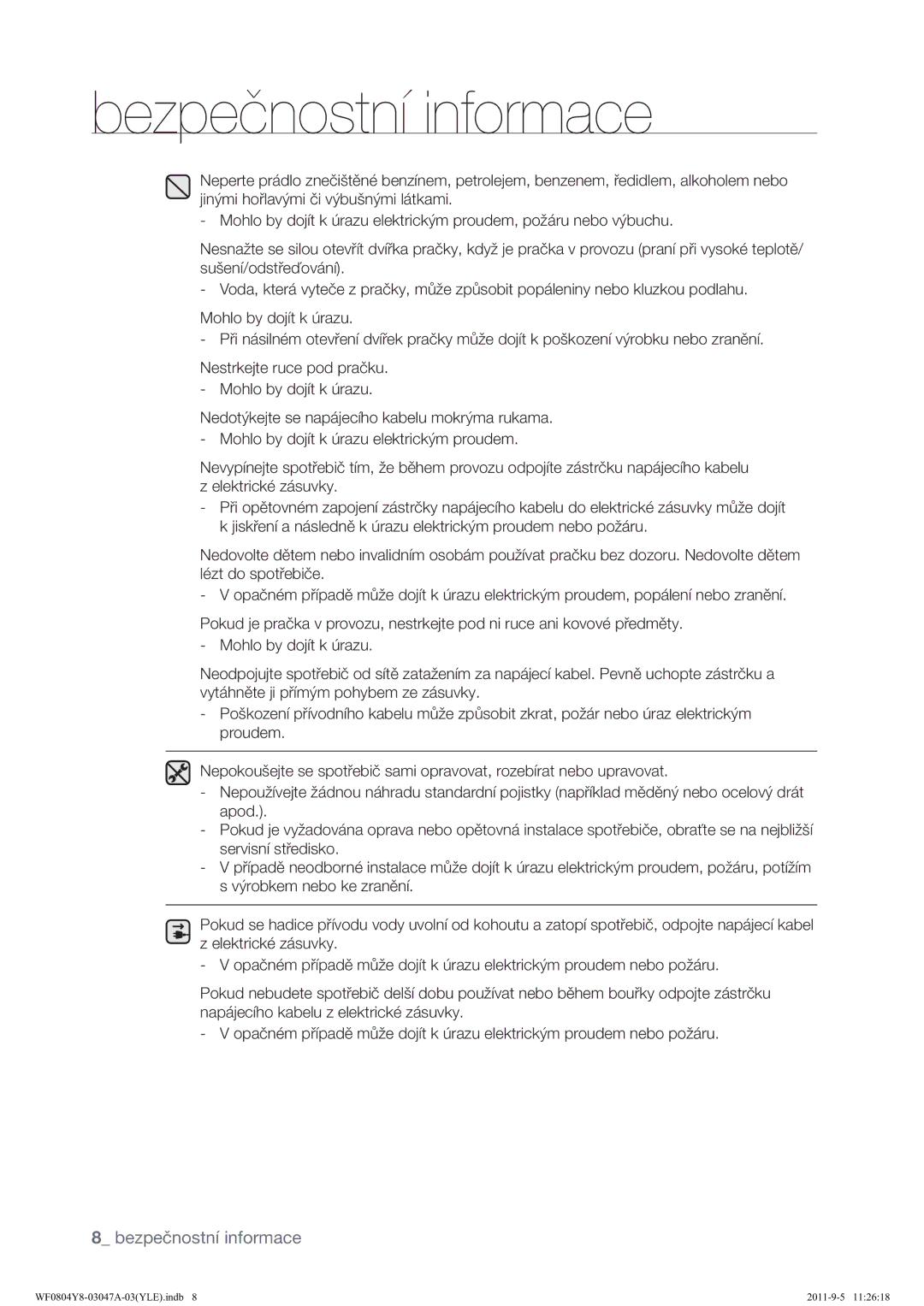 Samsung WF0804Y8E/YLE, WF0804Y8E1/YLE manual Bezpečnostní informace 