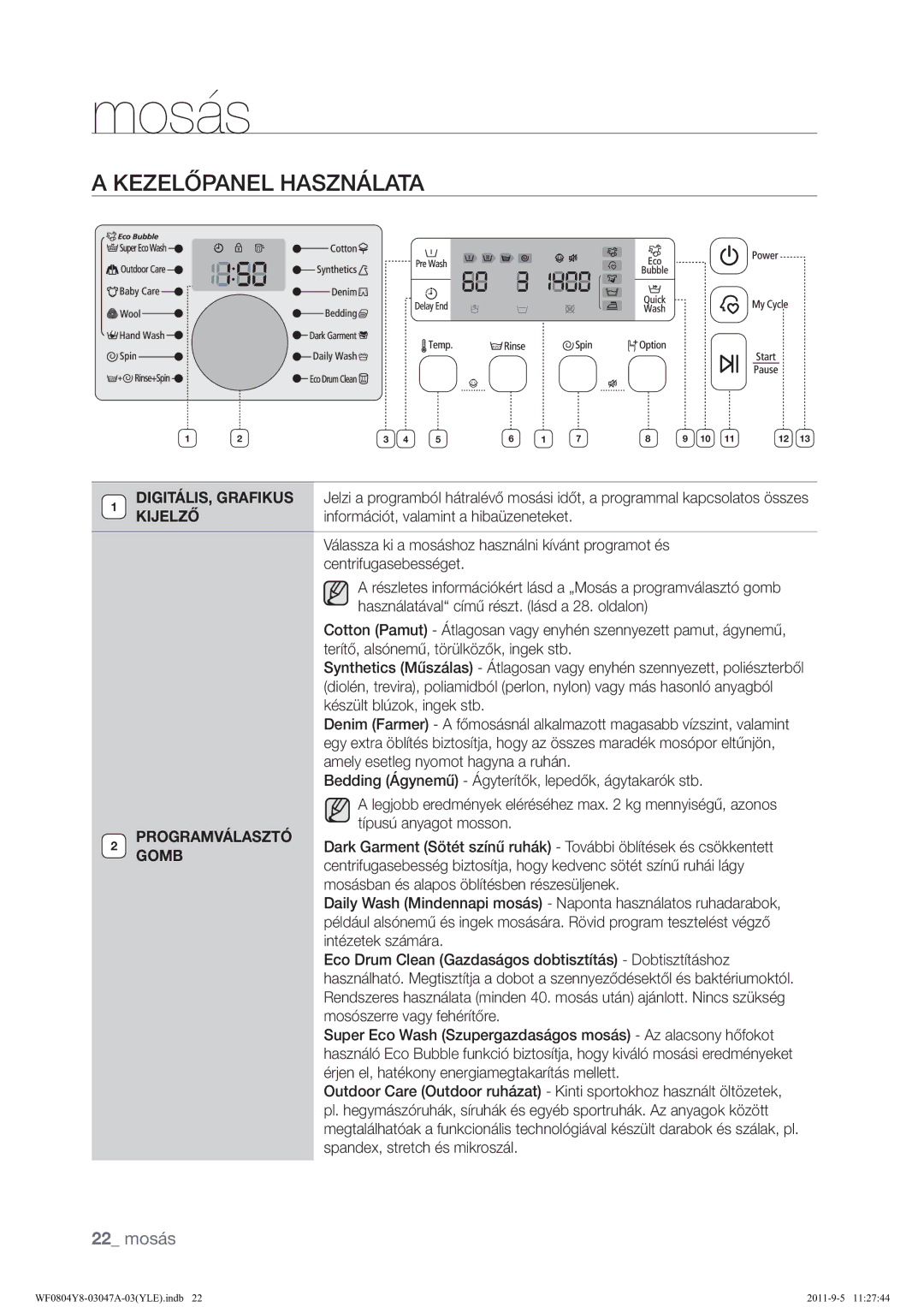 Samsung WF0804Y8E/YLE manual $.=/č3$1/+$6=1ƒ/$7$, 22 mosás 