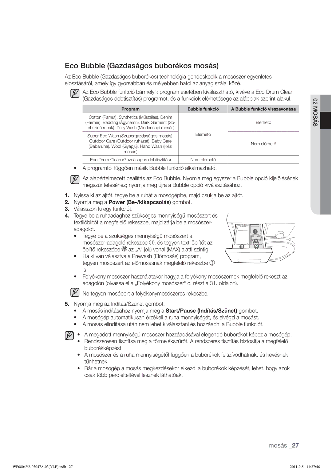 Samsung WF0804Y8E/YLE manual Fr%Xeeoh*Dgdv£JrvExeru«NrvPrv£V, Válasszon ki egy funkciót, Buborékképzést 