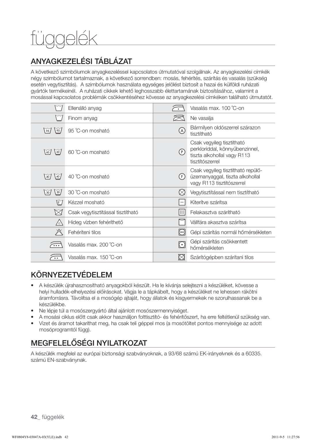 Samsung WF0804Y8E/YLE manual Függelék, $1$*.=/‹6,7ƒ%/ƒ=$7, ˜51=79‹/0, Č6‹*,1,/$7.2=$7, 42 függelék 