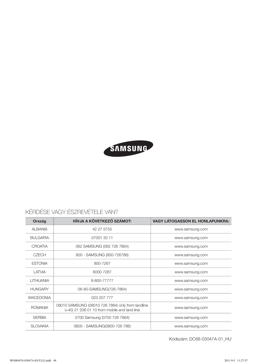 Samsung WF0804Y8E/YLE manual Kérdése Vagy Észrevétele VAN?, Kódszám DC68-03047A-01HU 