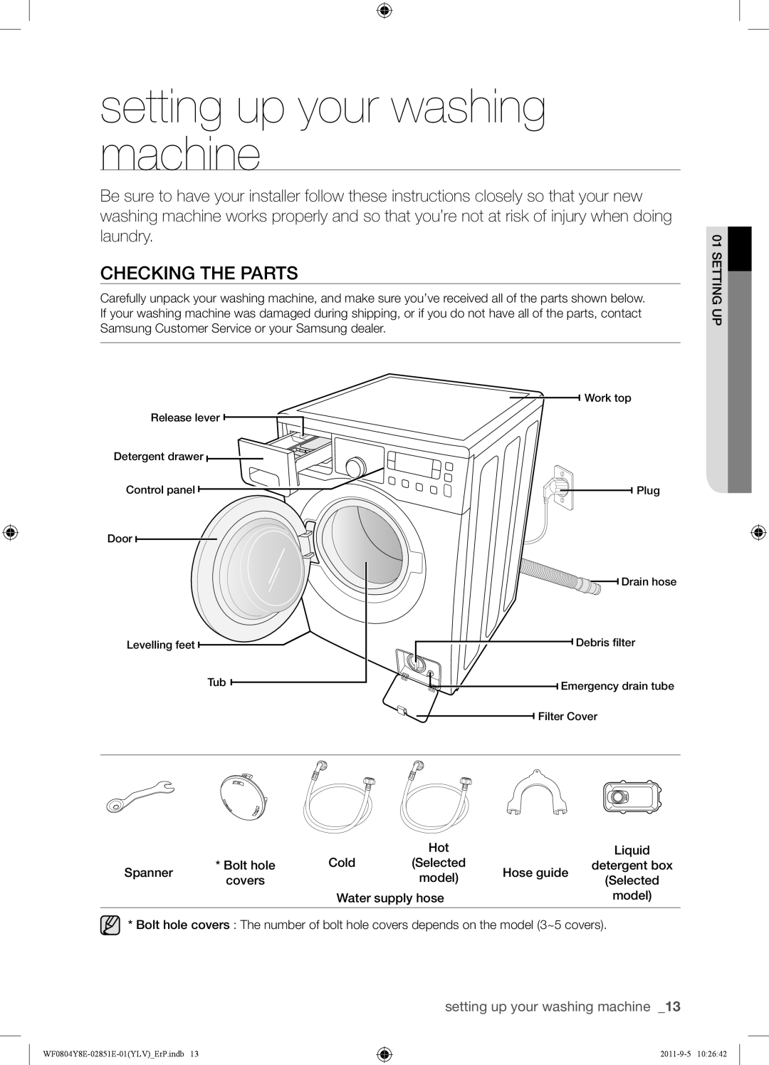 Samsung WF0804Y8E/YLV manual Setting up your washing machine, Checking the Parts, Water supply hose 