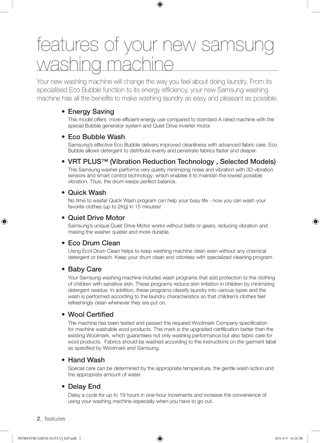 Samsung WF0804Y8E/YLV manual Features of your new samsung washing machine 