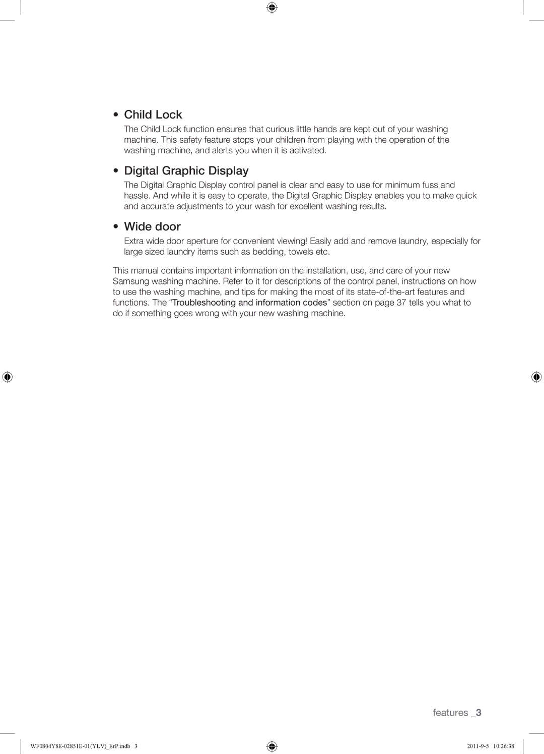 Samsung WF0804Y8E/YLV manual Child Lock, Digital Graphic Display, Wide door 