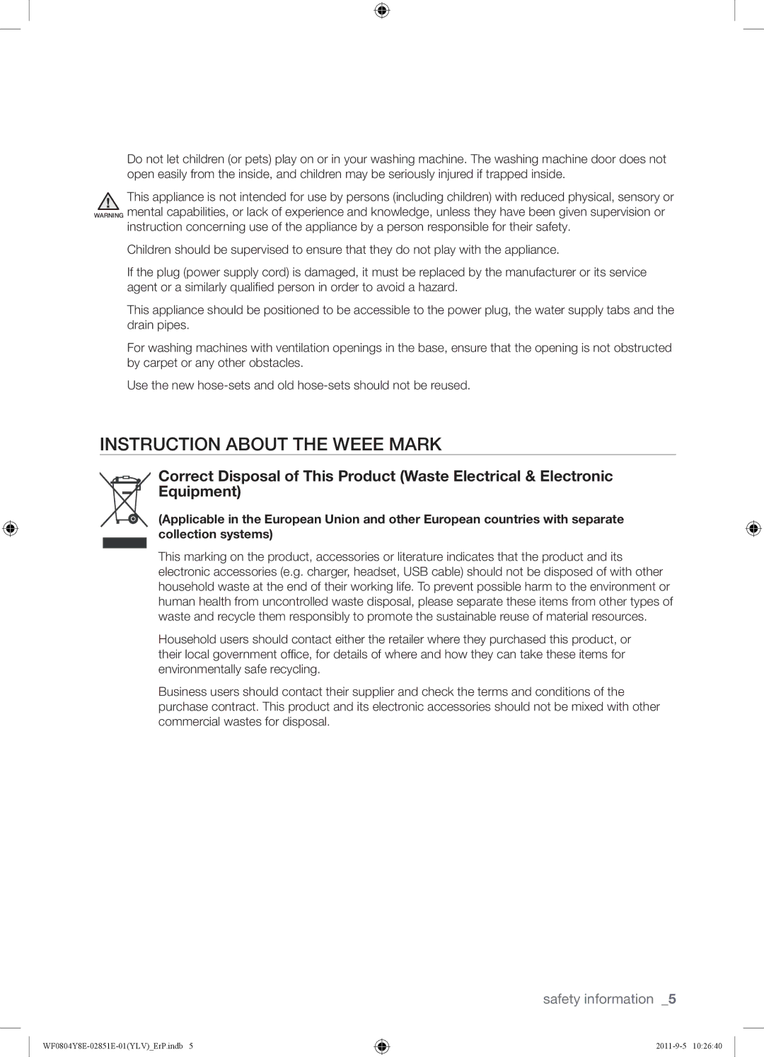 Samsung WF0804Y8E/YLV manual Instruction about the Weee Mark 