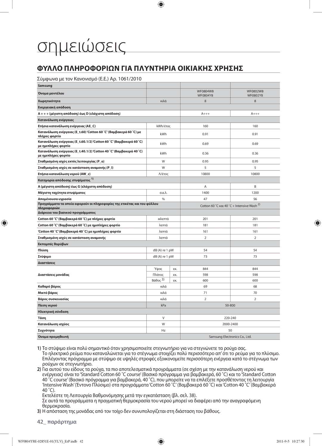 Samsung WF0804Y8E/YLV Σημειώσεις, Φύλλο Πληροφοριών ΓΙΑ Πλυντήρια Οικιακήσ Χρήσησ, Σύμφωνα με τον Κανονισμό Ε.Ε. Αρ /2010 