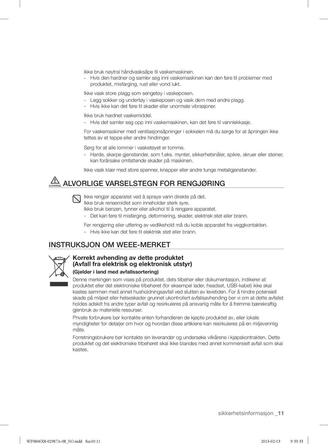 Samsung WF0804Y8E/XEE, WF0806X8E/XEE, WF0806Z8E/XEE manual Instruksjon OM WEEE-MERKET, Gjelder i land med avfallssortering 