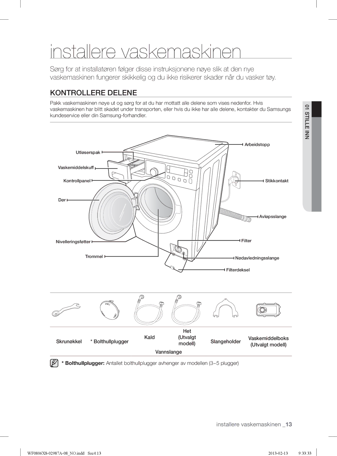 Samsung WF0806Z8E/XEE manual Installere vaskemaskinen, Kontrollere Delene, Skrunøkkel Kald, Slangeholder, Bolthullplugger 