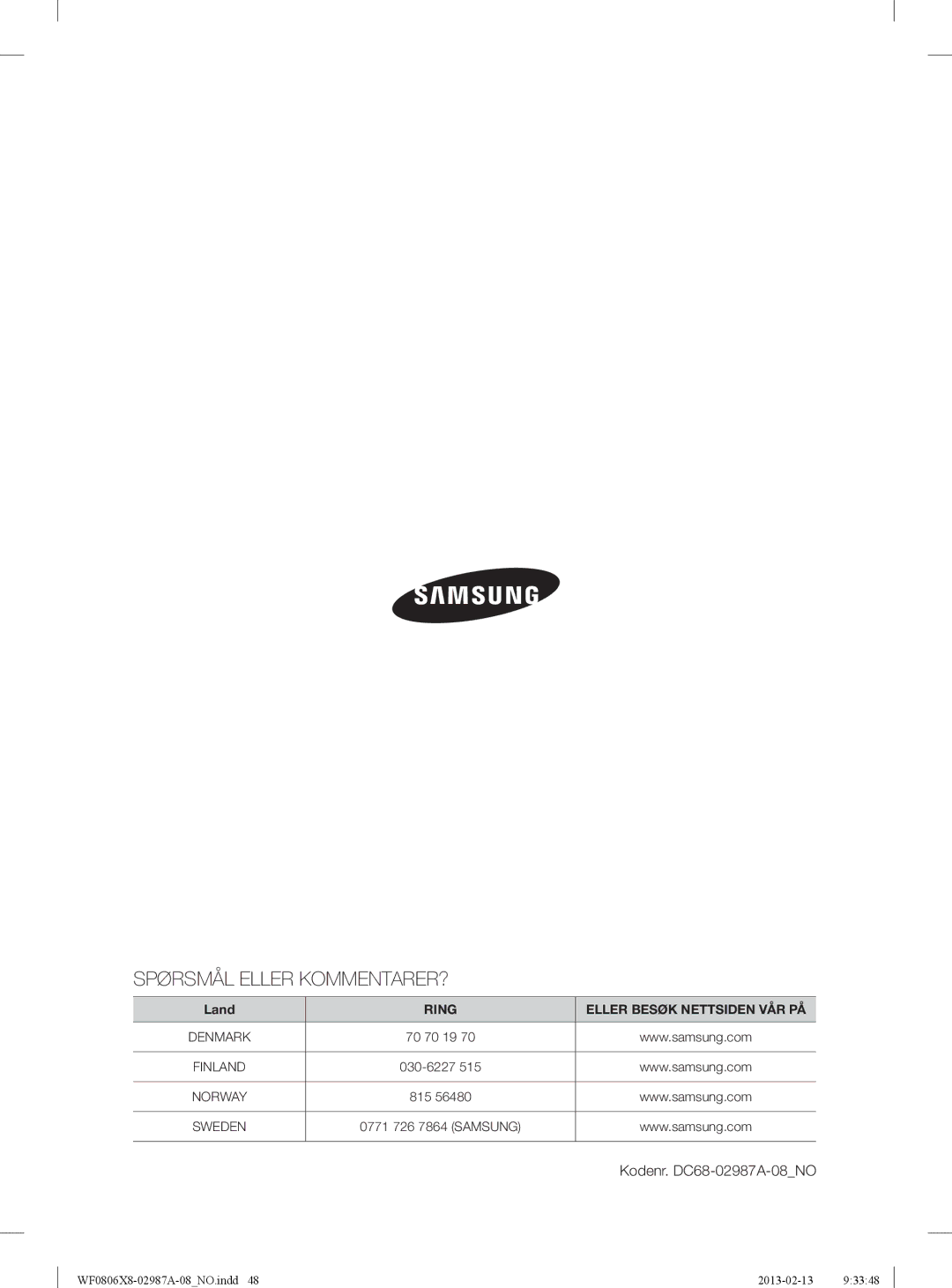 Samsung WF0806X8E/XEE, WF0806Z8E/XEE, WF0804Y8E1/XEE, WF0804Y8E/XEE Spørsmål Eller KOMMENTARER?, Kodenr. DC68-02987A-08NO 