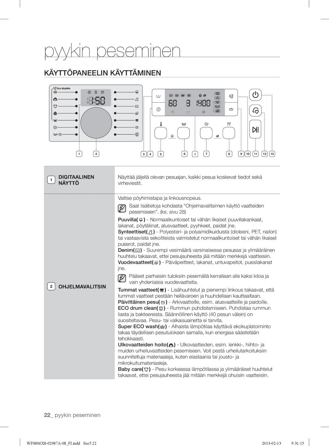 Samsung WF0804Y8E1/XEE, WF0806X8E/XEE manual Käyttöpaneelin Käyttäminen, Digitaalinen, Näyttö, Virheviestit, Ohjelmavalitsin 