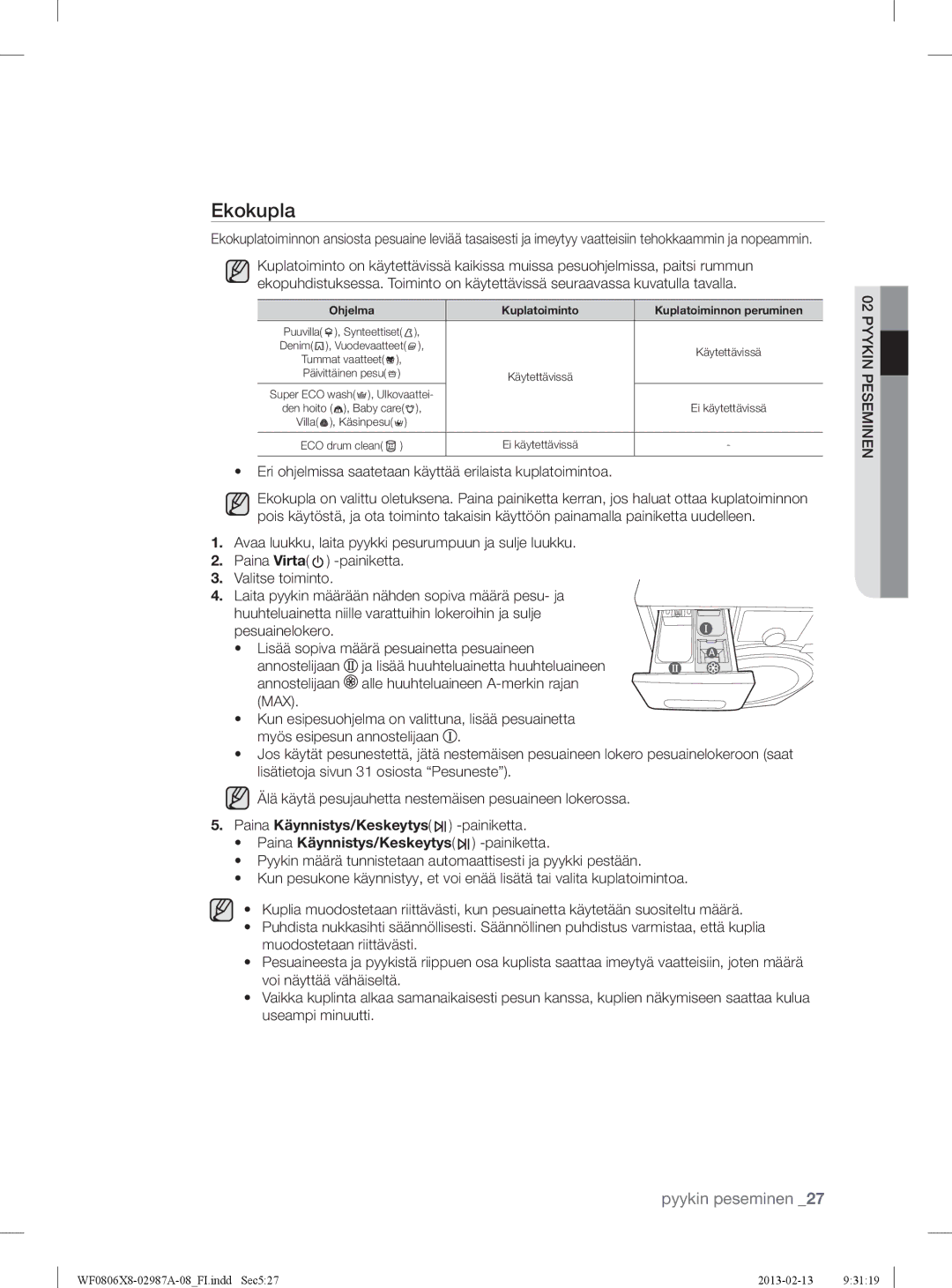 Samsung WF0804Y8E/XEE, WF0806X8E/XEE manual Ekokupla, Eri ohjelmissa saatetaan käyttää erilaista kuplatoimintoa, Ohjelma 