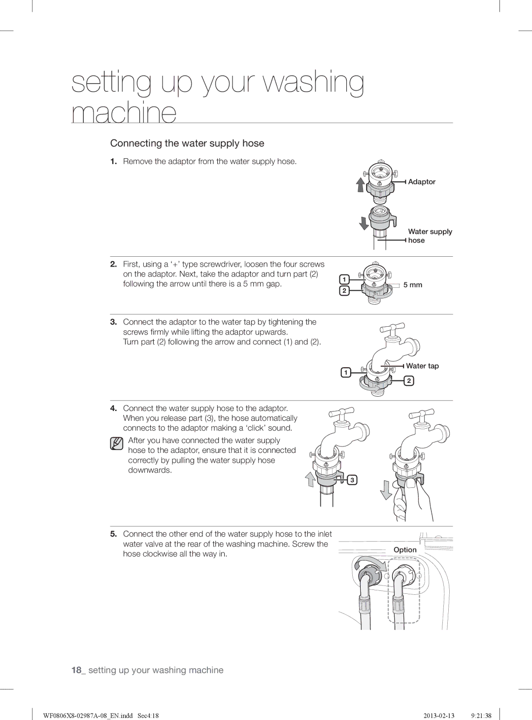 Samsung WF0804Y8E1/XEE manual Remove the adaptor from the water supply hose, Following the arrow until there is a 5 mm gap 