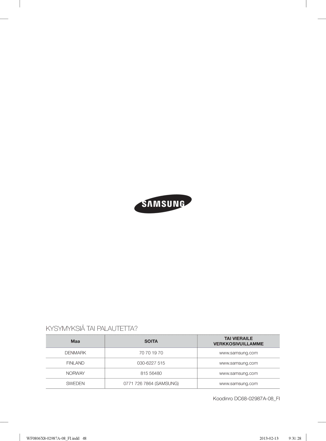 Samsung WF0806X8E/XEE, WF0806Z8E/XEE, WF0804Y8E1/XEE, WF0804Y8E/XEE Kysymyksiä TAI PALAUTETTA?, Koodinro DC68-02987A-08FI 