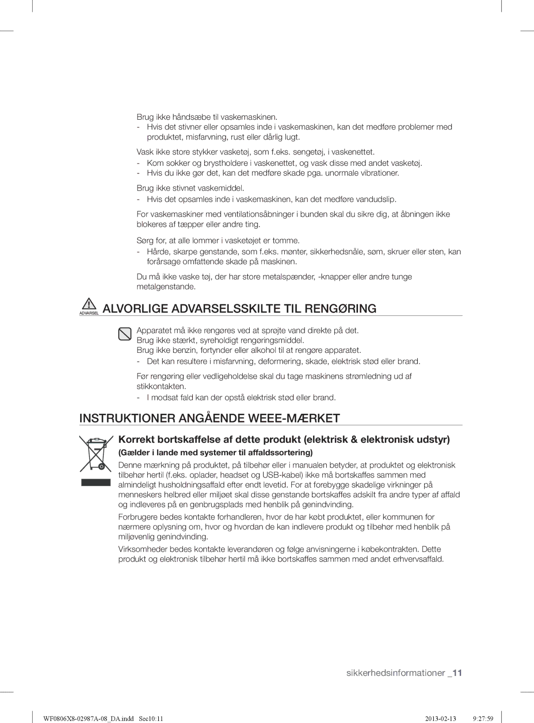 Samsung WF0804Y8E/XEE, WF0806X8E/XEE Instruktioner Angående WEEE-MÆRKET, Gælder i lande med systemer til affaldssortering 