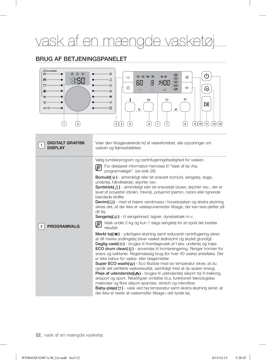 Samsung WF0804Y8E1/XEE, WF0806X8E/XEE, WF0806Z8E/XEE manual Brug AF Betjeningspanelet, Vasken og fejlmeddelelser, Programvalg 