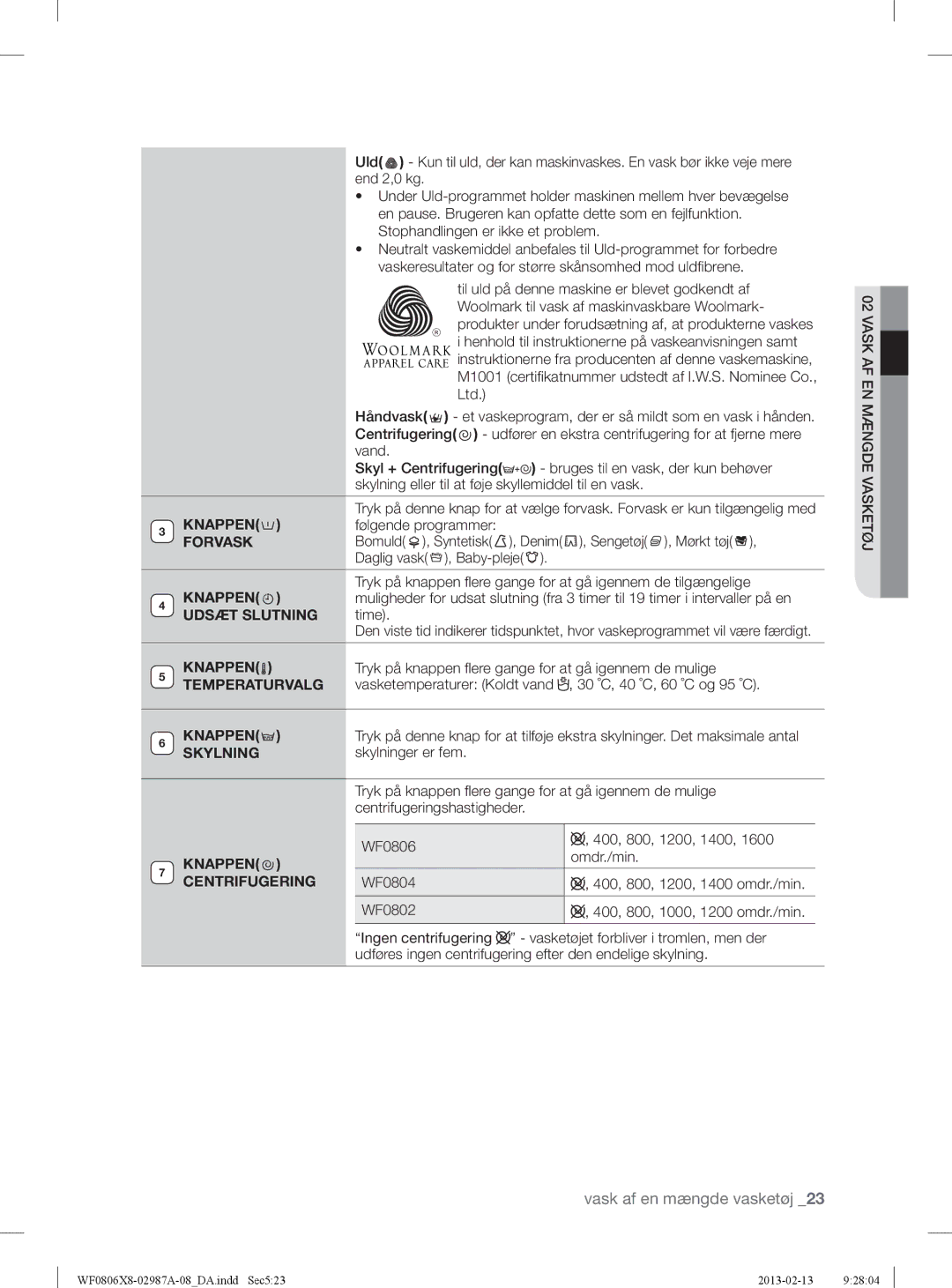 Samsung WF0804Y8E/XEE, WF0806X8E/XEE, WF0806Z8E/XEE Udsæt Slutning, Temperaturvalg, Skylning, Knappen Centrifugering 