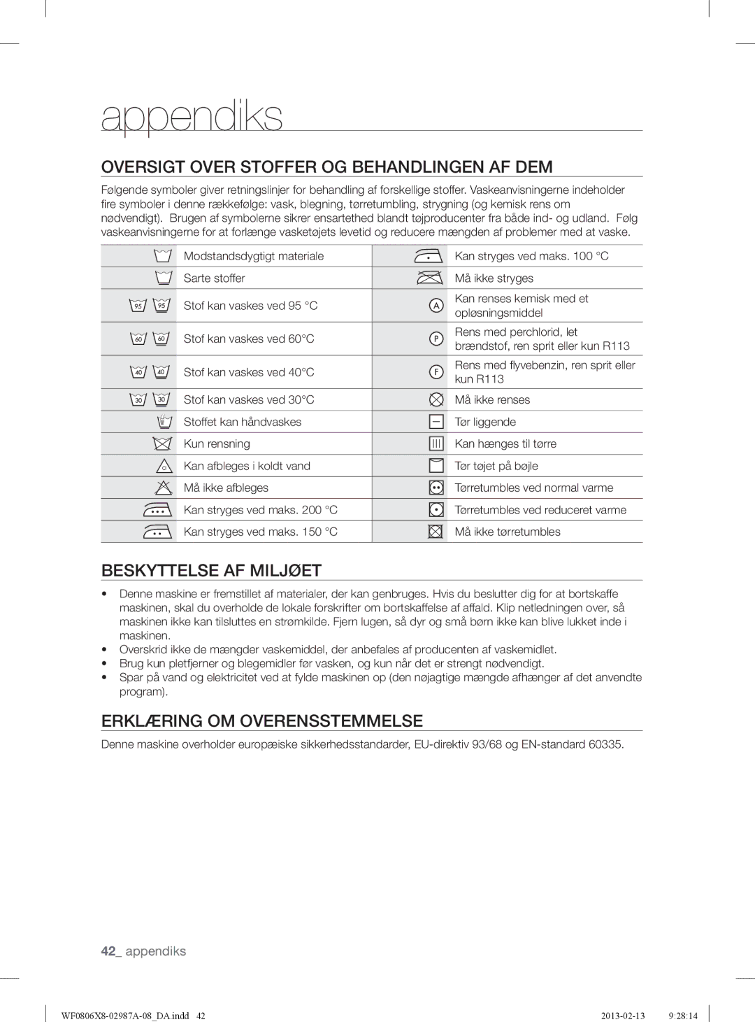 Samsung WF0804Y8E1/XEE manual Appendiks, Oversigt Over Stoffer OG Behandlingen AF DEM, Beskyttelse AF Miljøet, Kun R113 