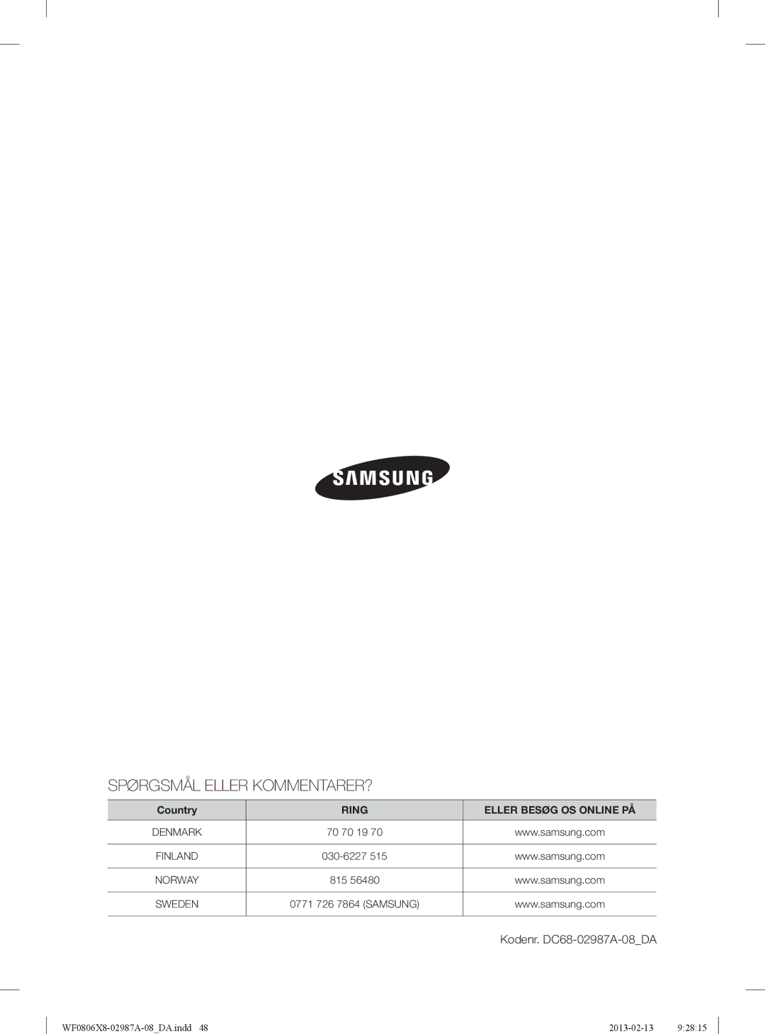 Samsung WF0806X8E/XEE, WF0806Z8E/XEE, WF0804Y8E1/XEE, WF0804Y8E/XEE Spørgsmål Eller KOMMENTARER?, Kodenr. DC68-02987A-08DA 