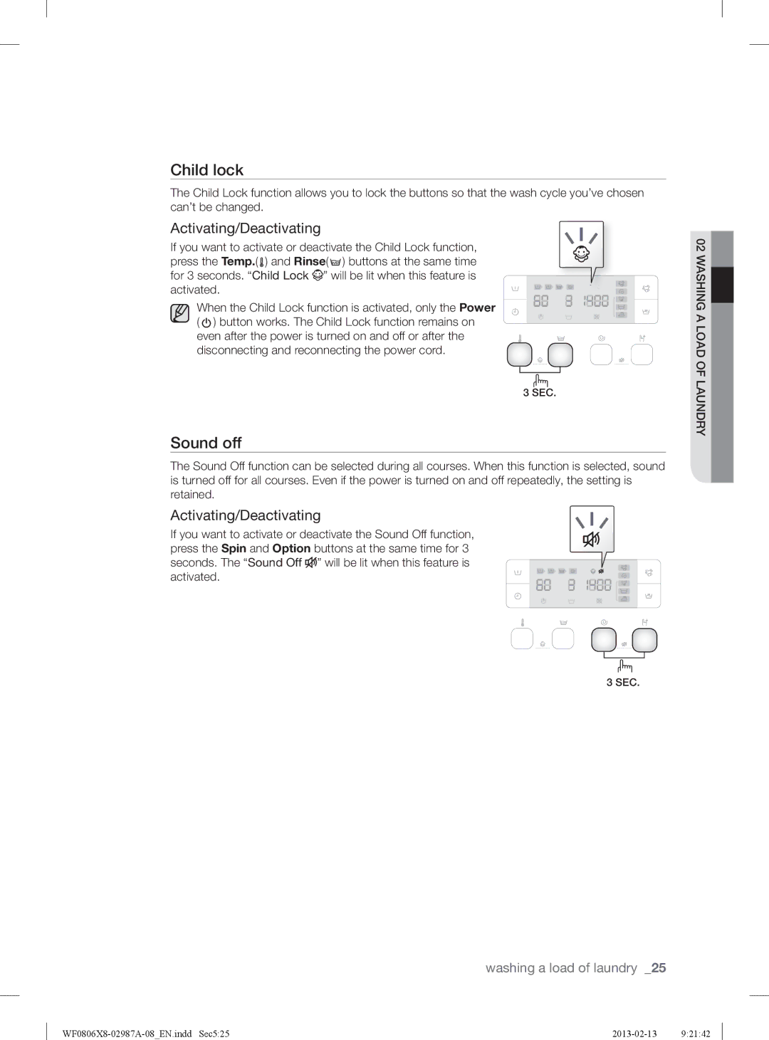 Samsung WF0806Z8E/XEE, WF0806X8E/XEE, WF0804Y8E1/XEE, WF0804Y8E/XEE manual Sound off, Activating/Deactivating 