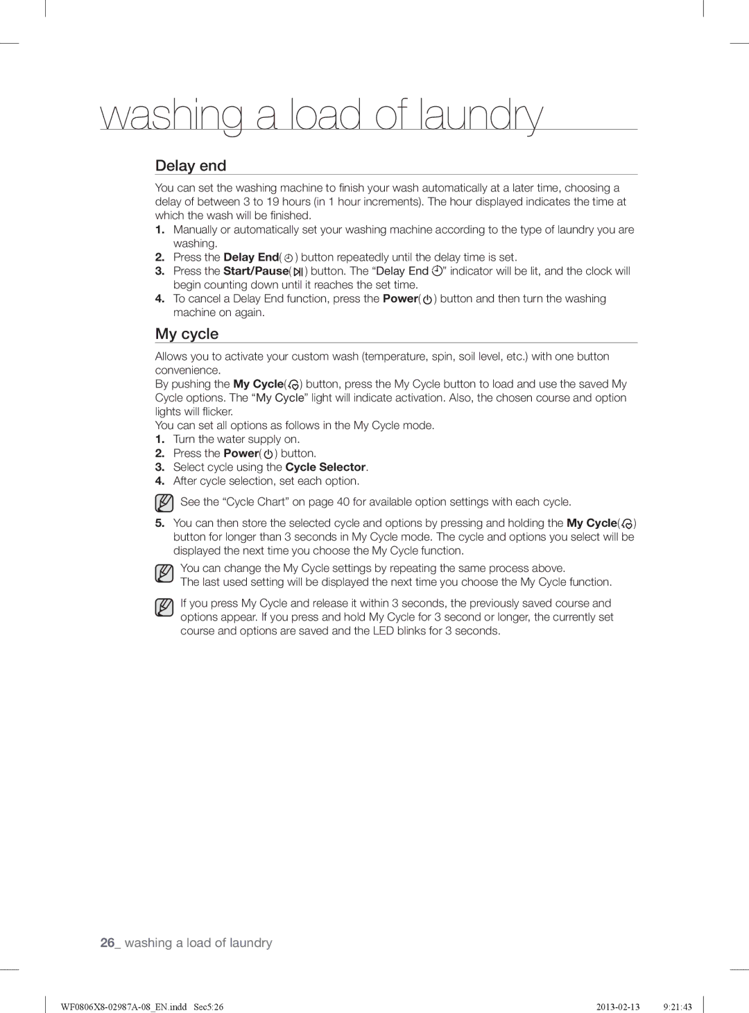 Samsung WF0804Y8E1/XEE, WF0806X8E/XEE, WF0806Z8E/XEE, WF0804Y8E/XEE manual Delay end, My cycle 