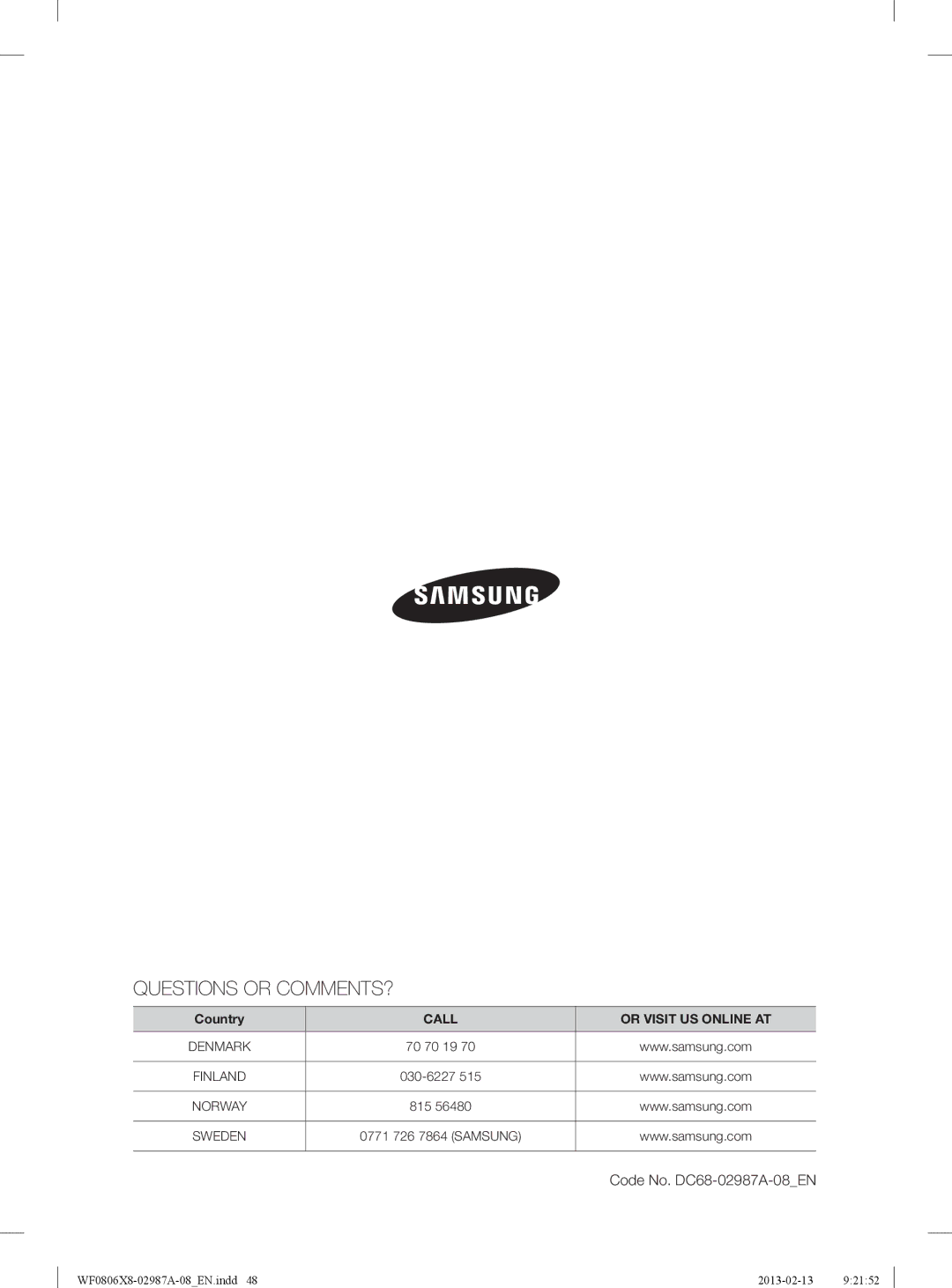 Samsung WF0806X8E/XEE, WF0806Z8E/XEE, WF0804Y8E1/XEE, WF0804Y8E/XEE manual Questions or COMMENTS?, Code No. DC68-02987A-08EN 