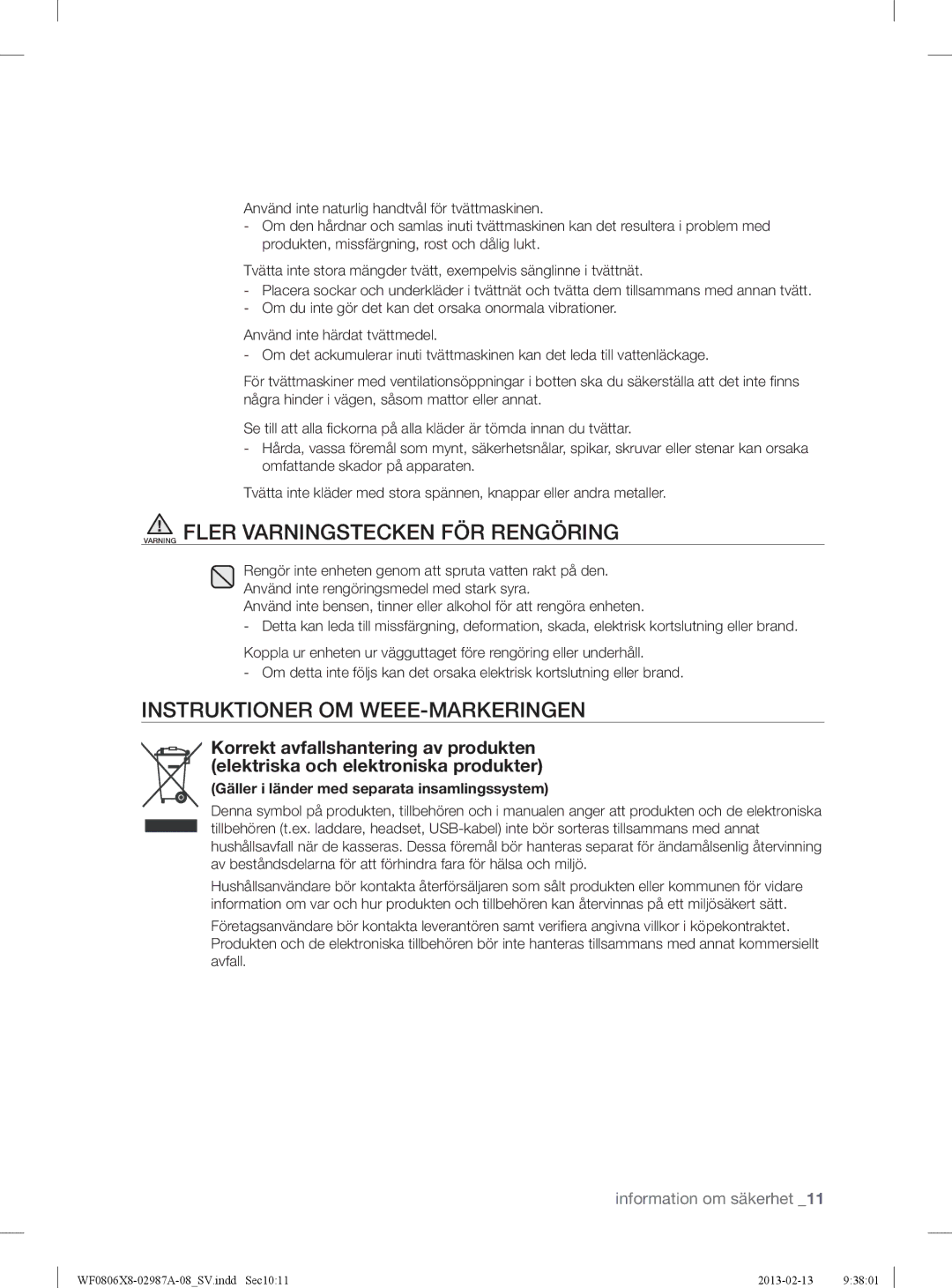 Samsung WF0804Y8E/XEE, WF0806X8E/XEE manual Varning Fler Varningstecken FÖR Rengöring, Instruktioner OM WEEE-MARKERINGEN 