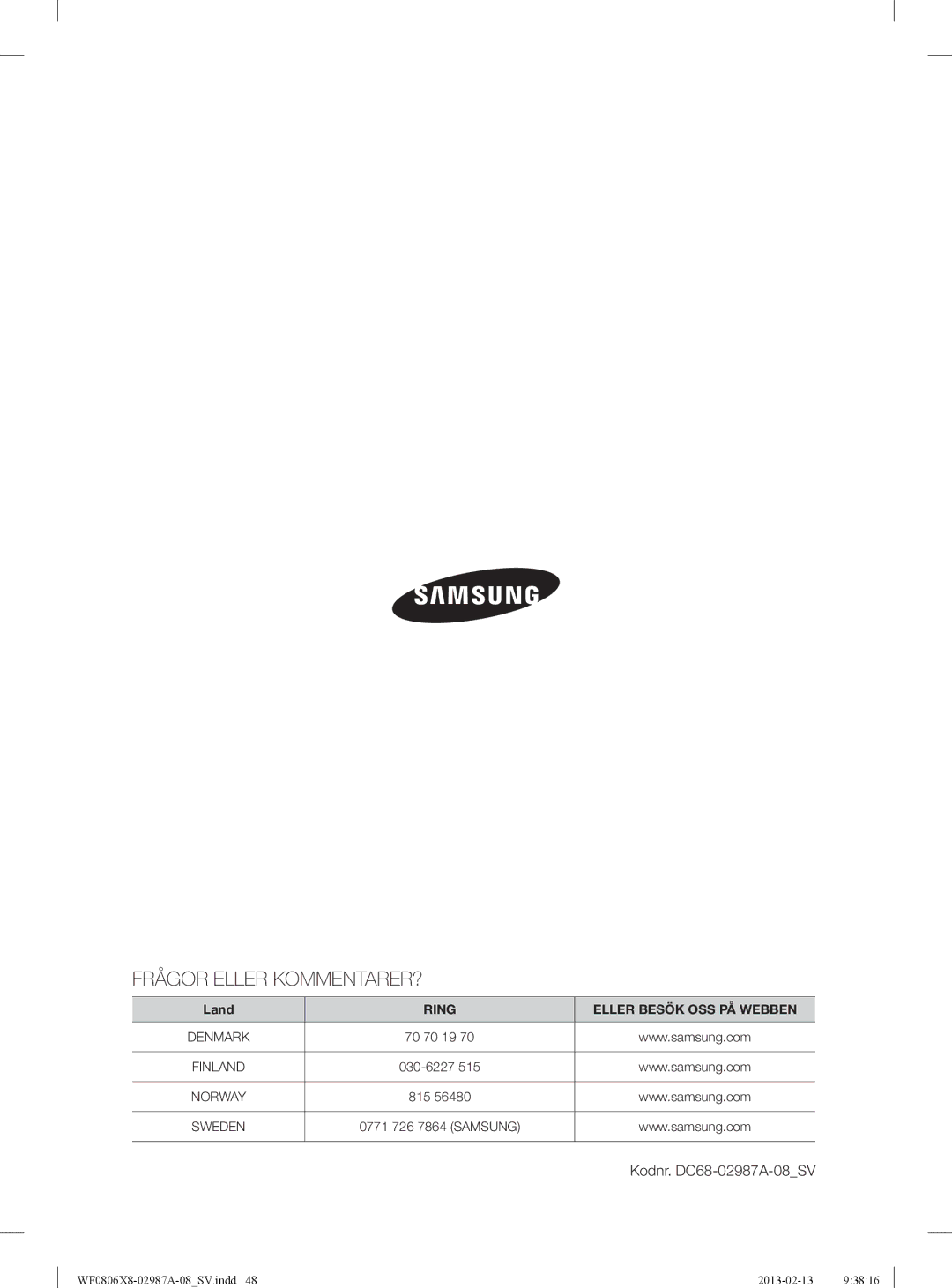 Samsung WF0806X8E/XEE, WF0806Z8E/XEE, WF0804Y8E1/XEE, WF0804Y8E/XEE manual Frågor Eller KOMMENTARER?, Kodnr. DC68-02987A-08SV 