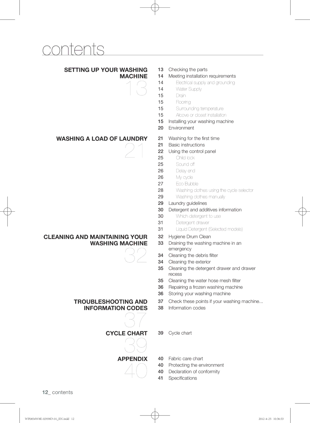 Samsung WF0854W8E1/YL manual Contents 